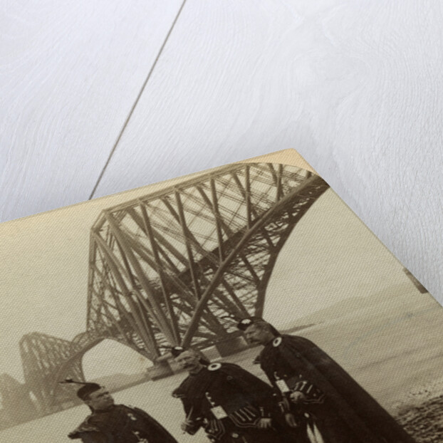 Men in Highland dress in front of the Forth Bridge, Scotland by Underwood & Underwood