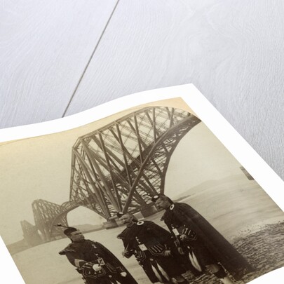 Men in Highland dress in front of the Forth Bridge, Scotland by Underwood & Underwood