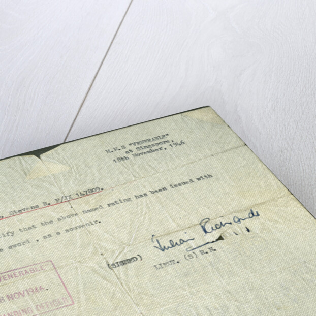 Receipt for a ex-Japanese sword, HMS Venerable, Singapore by Anonymous