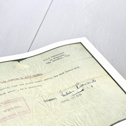 Receipt for a ex-Japanese sword, HMS Venerable, Singapore by Anonymous