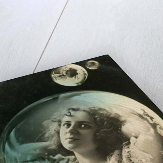 Woman reflected in a bubble, postcard by Anonymous