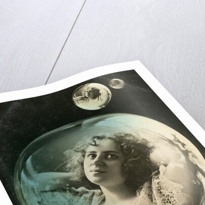 Woman reflected in a bubble, postcard by Anonymous