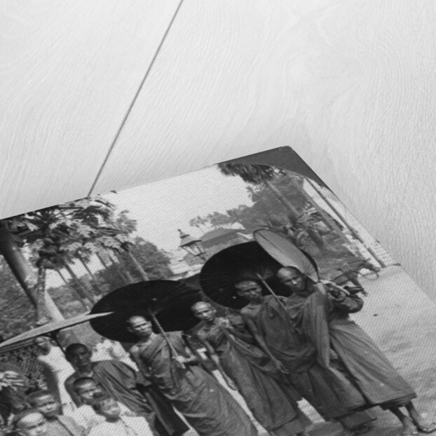 Buddhist monks with sunshades and fans, Rangoon, Burma by Stereo Travel Co