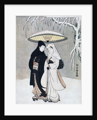 Crow and Heron, or Young Lovers Walking Together under an Umbrella in a Snowstorm by Suzuki Harunobu