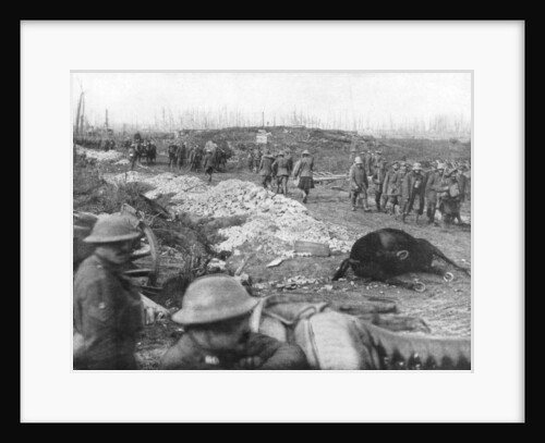 Allied troops and German prisoners at the Menin Road, near Ypres, Belgium by Anonymous