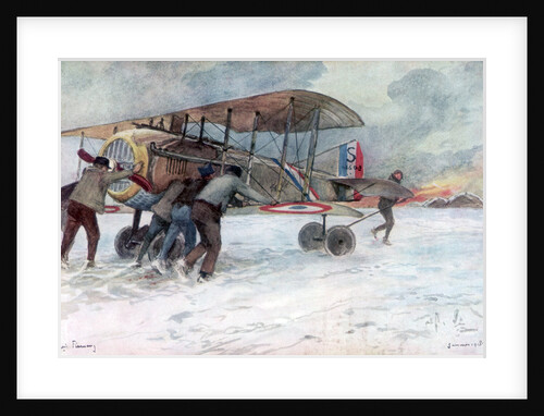 Ground crew attending to a French Spad on a snow-covered field by Francois Flameng