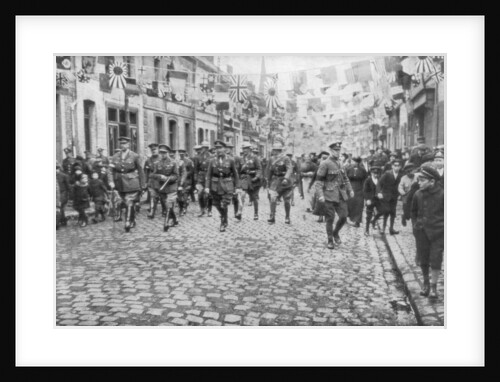 General Currie and Canadian troops walking through a liberated town by Anonymous