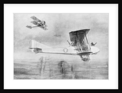 Three-seated aeroplane on a photographic mission, protected by a Spad fighter aircraft by Etienne Cournault