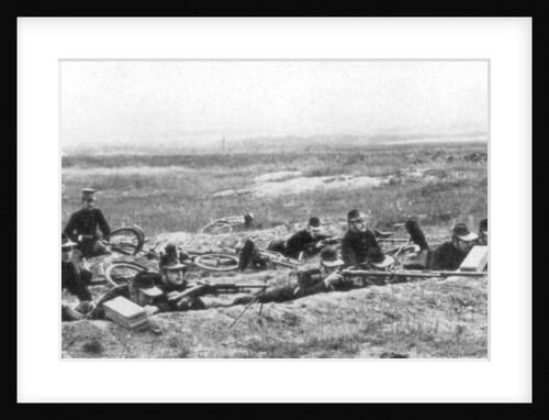 Belgian bicycle troops using Hotchkiss machine guns in Haelen, Belgium, August 1914 by Montigny