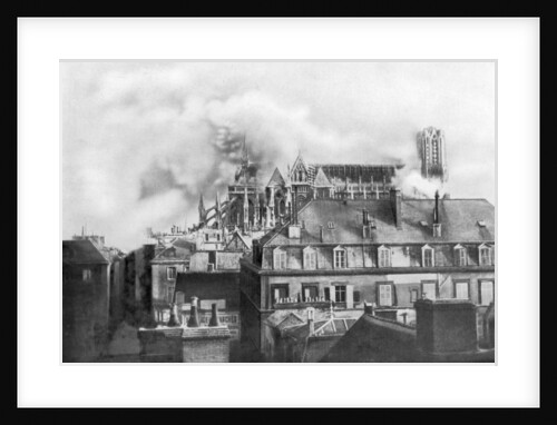 Cathedral of Reims on fire from German shelling, France by Anonymous