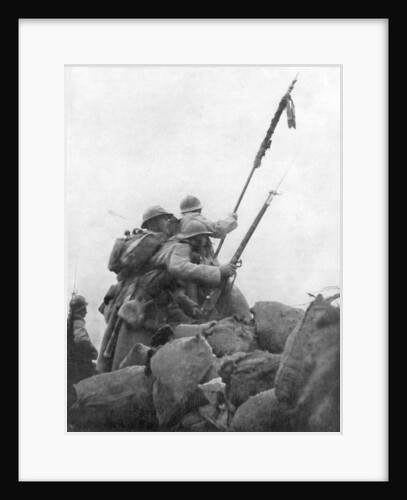 French troops with their regimental flag, the 2nd Battle of Champagne, France by Anonymous