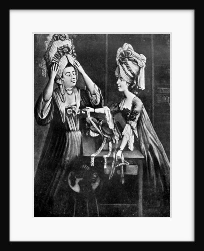 A Milliner's Shop; Mrs Monopolize, the butcher's wife, purchasing a modern head dress by Anonymous