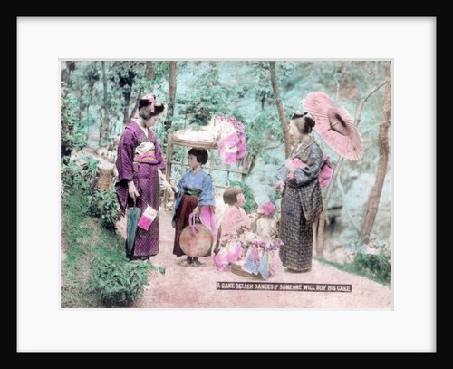 A cake seller dances if someone will buy his cake, Japan by Anonymous