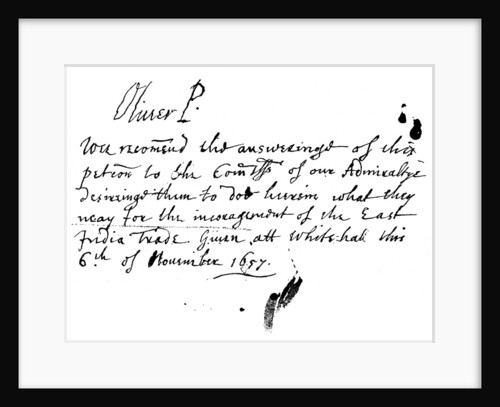 Autograph note of Oliver Cromwell to a petition of the East India Company by Anonymous