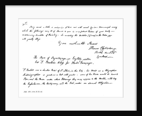 Part of a letter from Thomas Chatterton to Horace Walpole by Thomas Chatterton