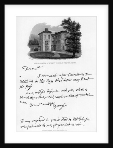 A letter from Edward Young, and a view of his residence at Welwyn, Hertfordshire by Edward Young
