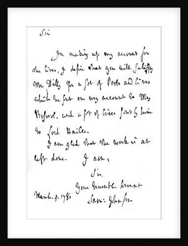 A letter from Dr Johnson, on his finishing the Lives of the Poets, c1780 by James Boswell