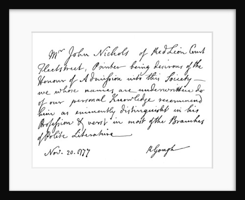 Certificate for the election of Mr John Nichols to the Society of Antiquaries by Richard Gough
