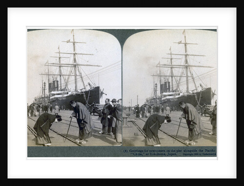Greeting for newcomers on the pier alongside the Pacific Mail SS China by Underwood & Underwood