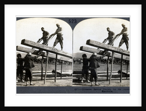Chinese men sawing timber for the Japanese army, Manchuria, Russo-Japanese war by Keystone View Company