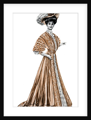 Woman wearing a long dress and a hat by Andre & Sleigh