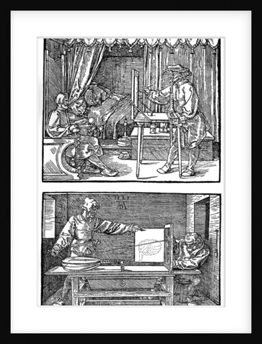 Apparatus for translating three-dimensional objects into two-dimensional drawings by Albrecht Dürer