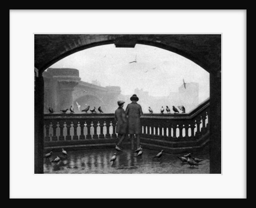 A man and a boy feeding the birds by Blackfriars Bridge, London by Anonymous