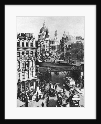 The spire of St Martin, Ludgate silhouetted against the bulk of St Paul's, London by Frith