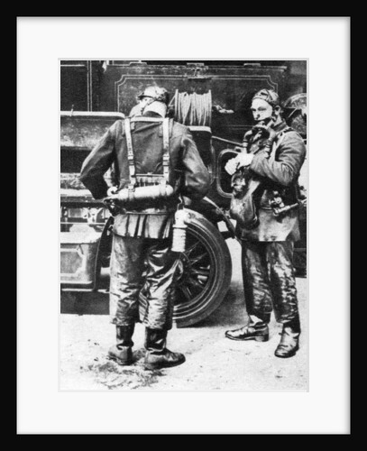 Firefighters donning smoke helmets, Farringdon Street rubber works, London by Anonymous