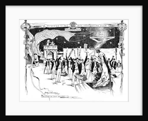 A cricket theme for a menu card design by George Hillyard Swinstead