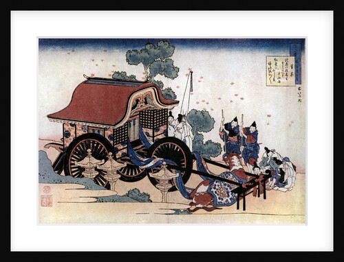 Pulling a three-wheeled carriage, Japanese woodcut by HOKUSAI