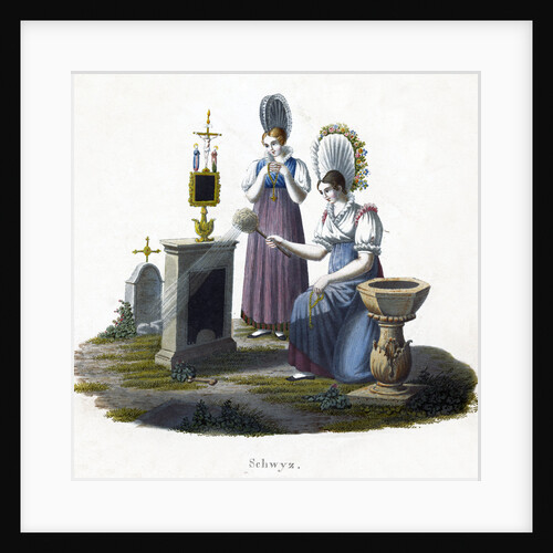Two women standing before a headstone in a graveyard by Anonymous