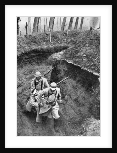 French soldiers carrying a wounded companion from the front, First World War by Anonymous