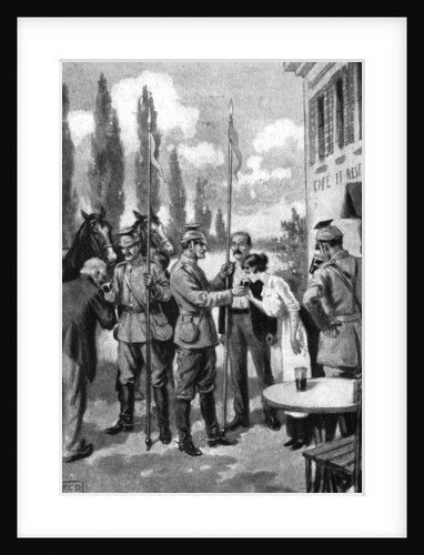 'Uhlans demanding refreshments from Belgian villagers', First World War by Anonymous