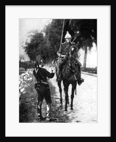 'French dragoon, delivering passport to alert Belgian picket', First World War by Anonymous