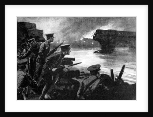 British troops on riverbank prepared for German advance, Belgium, First World War by Anonymous