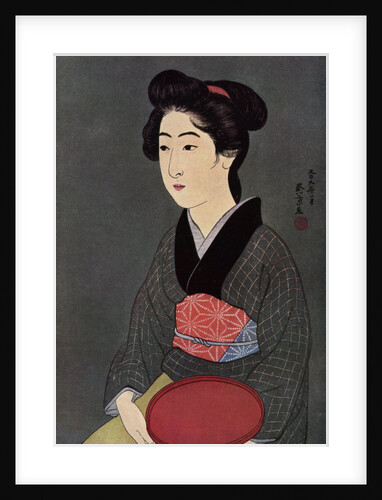 A Japanese waitress with a tray by Hashiguchi Goyo