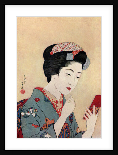 A Japanese woman using a beni brush to paint her lips by Hashiguchi Goyo