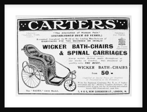 Advert for Carters' wicker bath chairs and spinal carriages by Anonymous