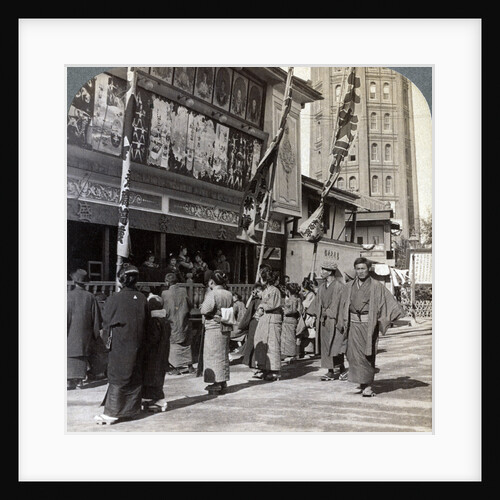 Watching a free show on Theatre Street, looking north to Asakusa Tower, Tokyo, Japan by Underwood & Underwood