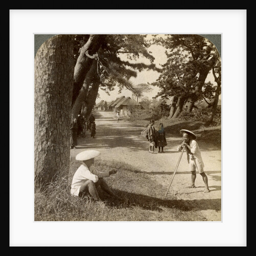 Travellers resting under the pines at Suzukawa, old post road from Tokyo to Kyoto, Japan by Underwood & Underwood