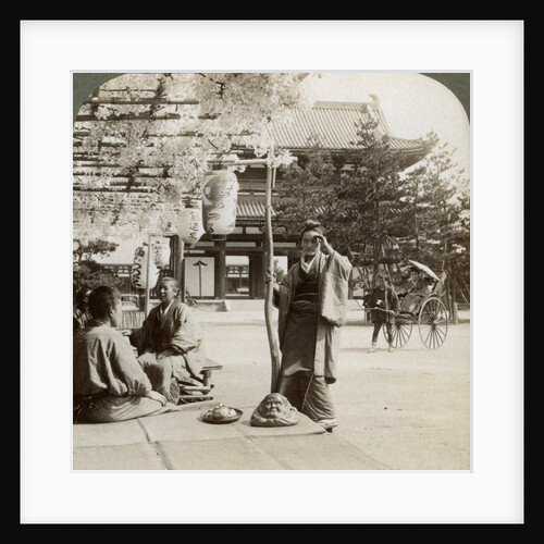 Drooping clusters of wisteria over a tea house porch, Kyoto, Japan by Underwood & Underwood