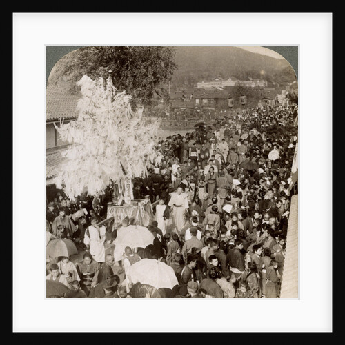 Shinto procession carrying sacred objects over a bridge to the Imperial Museum, Kyoto, Japan by Underwood & Underwood