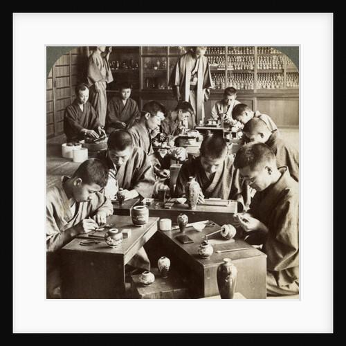 Expert workmen creating designs in cloisonne, Kyoto, Japan by Underwood & Underwood