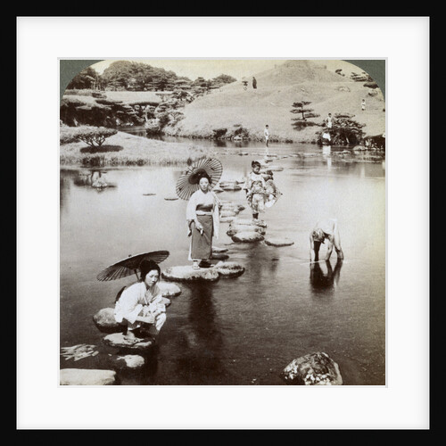 Women crossing the lake on stepping stones, Suizen-ji Garden, Kumamoto, Japan by Underwood & Underwood