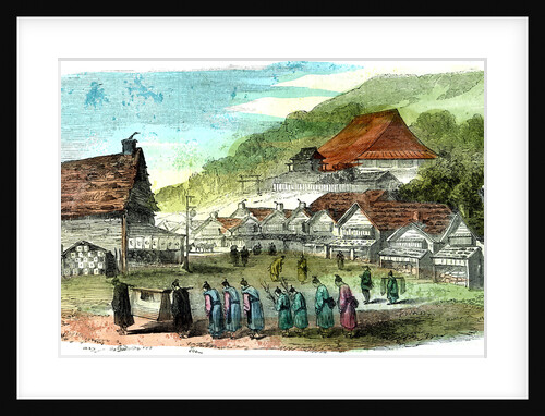 Street in Hakodate, and funeral procession, Japan by Anonymous