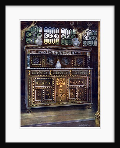 Carved and inlaid oak court cupboard by Edwin Foley