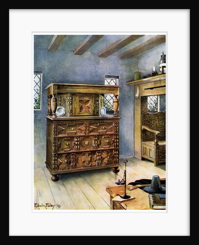 The Putnam Cupboard of English oak and cedar, and carved settle of American oak by Edwin Foley