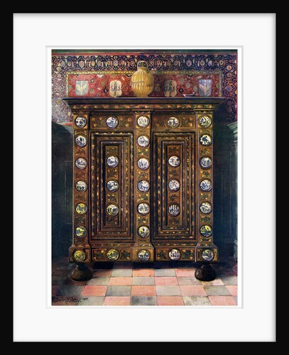 Walnut kas inlaid and with painted medallions of Delft ware by Edwin Foley