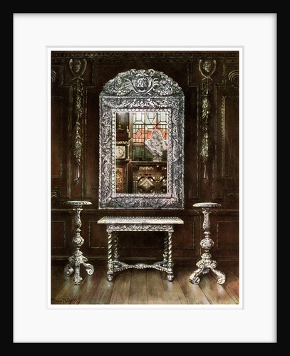 Mirror, gueridons, and table overlaid with silver plaques by Edwin Foley